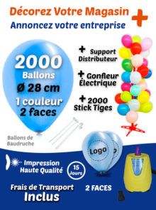 2000 Balloons de Baudruche de 28 cm Personnalisé à 2 Faces à 1 Couleur + 2000 Sticks + Gonfleur Électrique +Support Distributeur Pack Décorez Votre Magasin +