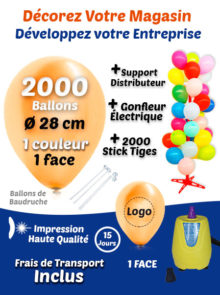 2000 Ballons de Baudruche de 28 cm Personnalisés à 1 face 1 couleur + 2000 Sticks + Gonfleur Electrique + Support Distributeur Pack Décorer votre Boutique