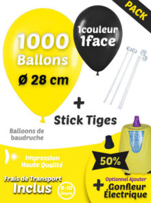 1000 Ballons de Baudruche de 28 cm Personnalisés 1 face 1 couleur + 1000 Sticks + Option Gonfleur Électrique Pack Épargne